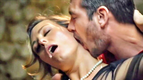 Emma Klein MILF in passionate neck kiss embrace wearing black dress and pearls