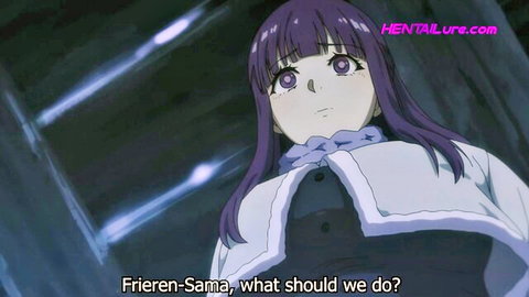 Anime girl Fern in white dress with purple hair in Frieren hentai parody thumbnail