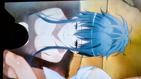 Anime blue-haired girl smiling with semen on face and chest in hot spring
