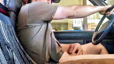Mature dad exposing and touching nude woman in public car at bank drive-thru