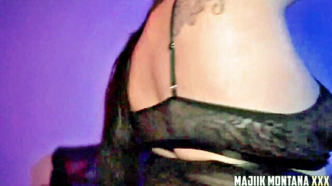 Majik Montana sultry BBW in black lace lingerie back view