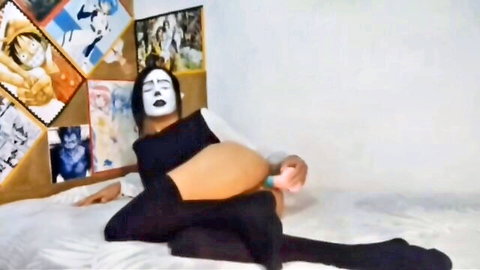 Cute sissy femboy in white face paint and black stockings with tiny booty drilled by toy
