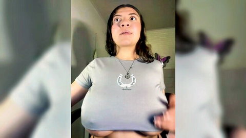Ariel_72 ahegao face squeezing massive tits in tight gray shirt