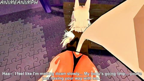 Anime catgirl bent over with black thong aside, orange dildo fucking her exposed pussy.