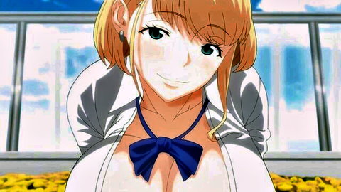 Smiling blonde hentai teen babe with huge tits spilling from open white shirt