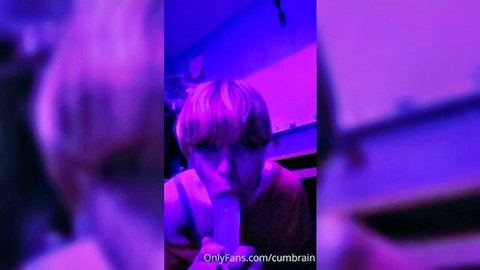 Cumbrain late night kinky blowjob with dildo, blonde amateur
