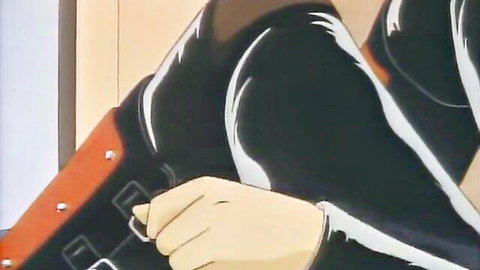 Anime hentai girl in shiny black latex outfit adjusting thigh strap, curvy figure