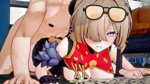Blonde anime girl in red dress bent over for rough sex with muscular guy