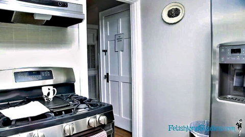 Empty cozy kitchen with stove fridge and mug in Fetishland home.