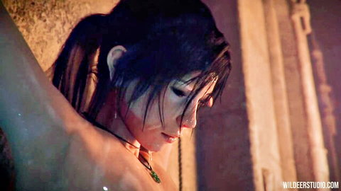 Topless Lara Croft profile view with ponytail and necklace in stone dungeon chains