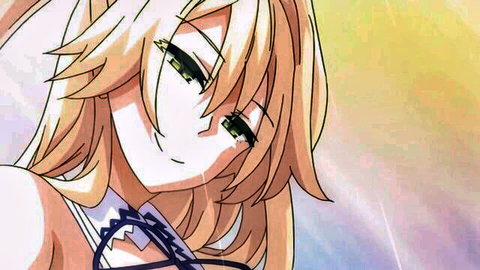 Blonde hentai teen with green eyes smiling seductively with teary aroused expression
