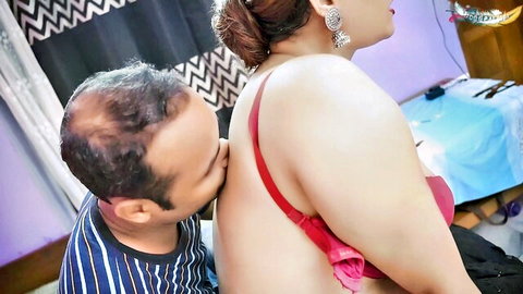 Indian Desi Bhabhi in red bra kissed passionately from behind by lover