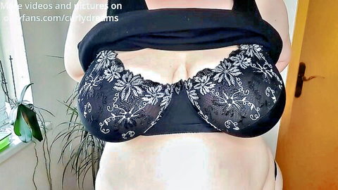 Busty BBW MILF teases with huge tits overflowing black lace bra