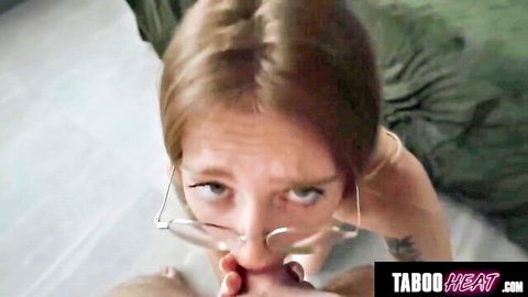 Lucy Foxx deepthroating in glasses, intense close-up blowjob TabooHeat