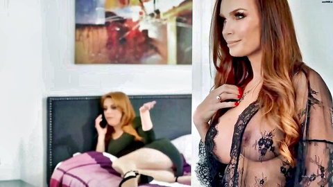 Penny Pax redhead in sheer black lingerie and green dress on bed, OnlyFans lesbian scene