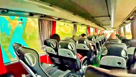 Passengers on bus with stranger hand assistance tease