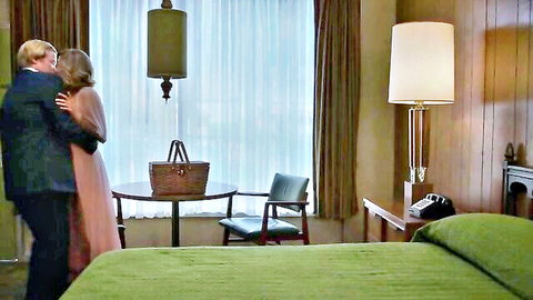 Elizabeth Olsen in sexy embrace, pink dress, hotel scene Love & Death 2023