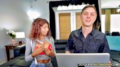 Busty ebony September Reign teases teacher in red bra cleavage
