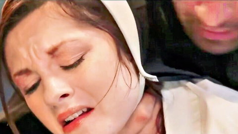Sultry nun in white habit with ecstatic expression during intimate encounter