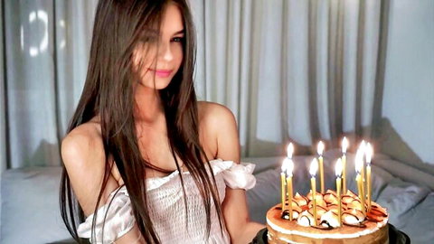 Littlehapp shy 18yo skinny cutie holding birthday cake in white off-shoulder top