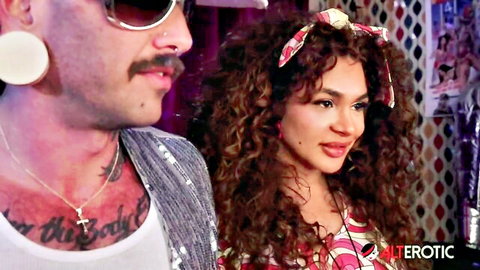 Eva Maxim with mustached cowboy in disco-themed tease