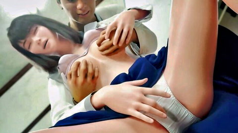 Anime schoolgirl in uniform groped by smiling pervert, upskirt panties view
