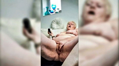 Perverted granny masturbating nude on couch in hot smutty porn