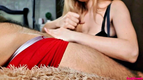 Blonde temptress teases roommate with intimate hand play in red underwear