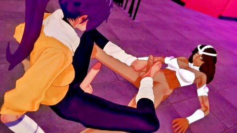 Yoruichi dominating Mila Rose in shemale hentai footjob threesome