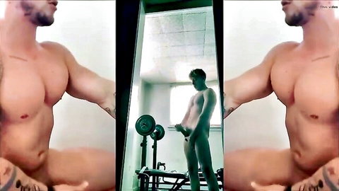 Muscular white trainer nude in gym, poppers solo session
