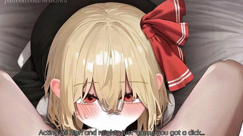 Touhou hentai: Blonde Rumia in school uniform spreading legs, oral tease
