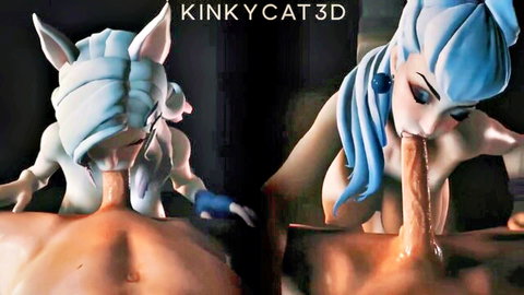 Ahri and Evelynn 3D blowjob scene by KinkyCat3D, explicit oral action