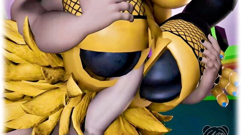 Wolfe and Olivia in yellow fursuits sharing intimate exercises