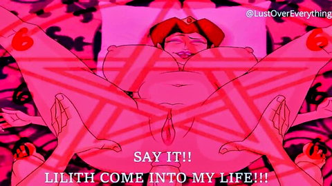 Animated satanic Lilith worship thumbnail with cartoon woman spreading pussy in red pentagram