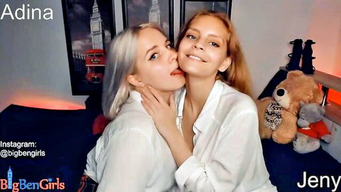 Adina and Jenny, blonde and redhead Russian teens kissing intimately in white shirts