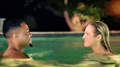 Brittany Snow in intimate pool scene with black man, blonde hair wet