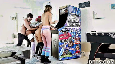 Avery Moon, Violet Myers, Evi Rei in arcade group sex with big asses and stockings