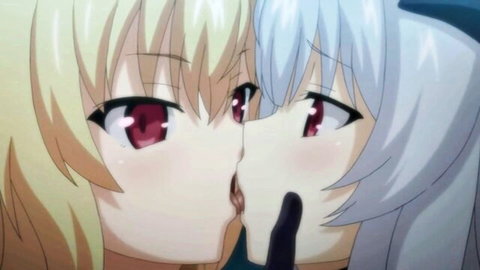 Blonde and silver-haired anime girls sharing a passionate kiss in hentai style