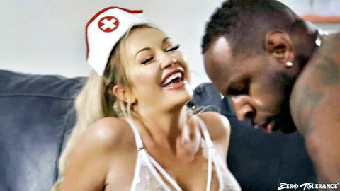 Blonde in sexy nurse lingerie laughs intimately with black stud