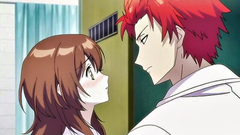 Anime couple close-up intimate moment, brown-haired girl and red-haired boy from Sweet Punishment Ep.7
