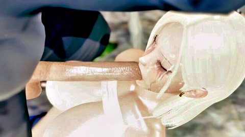 White-haired anime girl deepthroats massive glistening cock with tears in intense blowjob