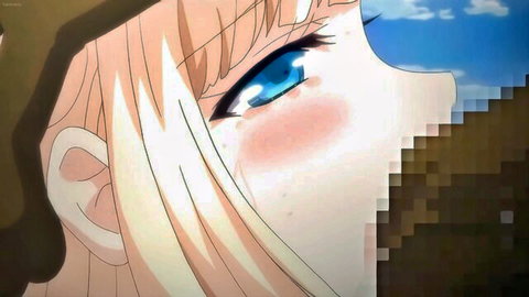 Blonde anime hentai girl with blue eyes blushing intensely close-up
