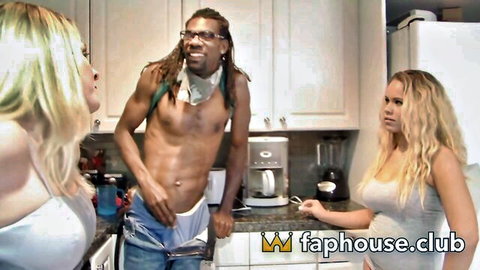 Two busty blondes watch muscular black stud grab his big black cock through underwear in kitchen tease