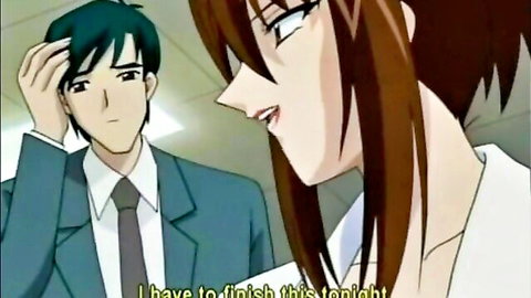 Anime brunette woman in white uniform smiling at concerned suited green-haired man