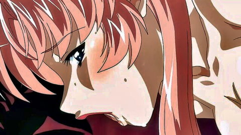 Pink-haired anime elf girl with teary ahegao eyes and open moaning mouth in hentai ecstasy close-up