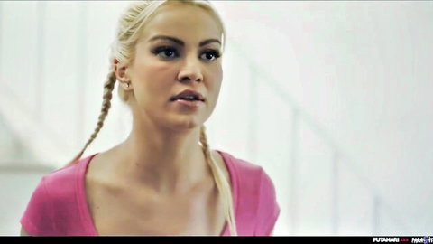 Blonde Cherry Kiss in pink top with braids, intense gaze in futa transformation