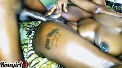 Ebony woman's creamy shaved pussy spread open by hand after big black cock creampie dripping cum