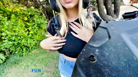 Blonde Balkanfun POV teases big tits on quad bike outdoor