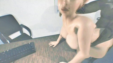Busty redhead nude, bent over desk, fucked from behind by partner