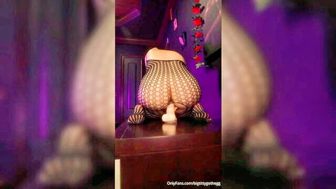 Bigtittygothegg in fishnet outfit, bent over showing big ass and penetration